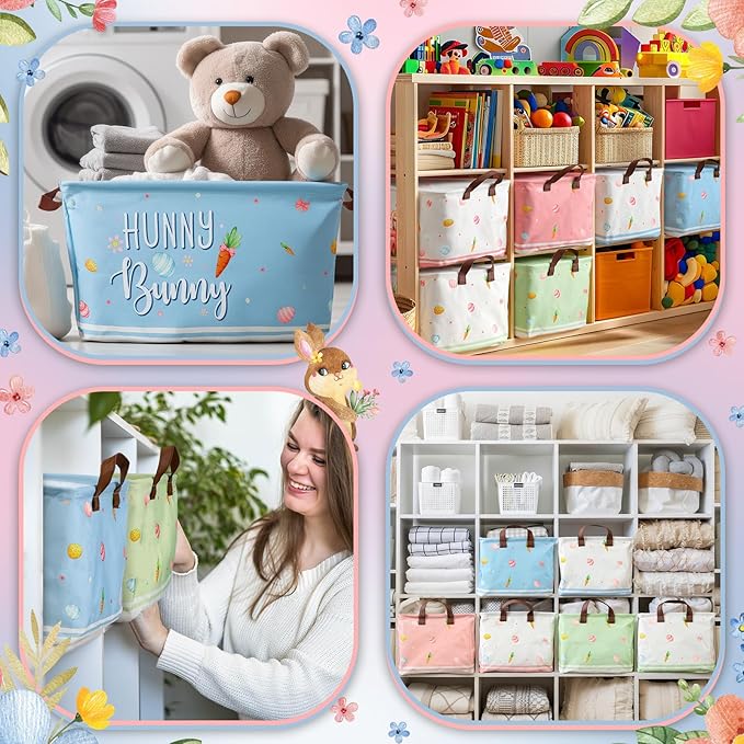 CHENGU 6 Pack Easter Storage Bin Collapsible Easter Basket for Gifts Bunny Eggs Holiday Decor Large Rabbit Basket Foldable Colorful Truck Box with Handle for Bedroom Office Home