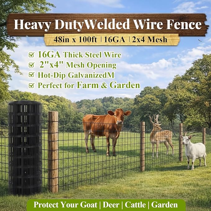 Gisafai 48in x 100ft Welded Wire Fence, 2 Inch x 4 Inch 16 GA, Galvanized Metal Garden Fence Roll Wire Mesh Netting for Goat Deer Cattle Animal Enclosures and Yard Vegetable Plant Protection,Black