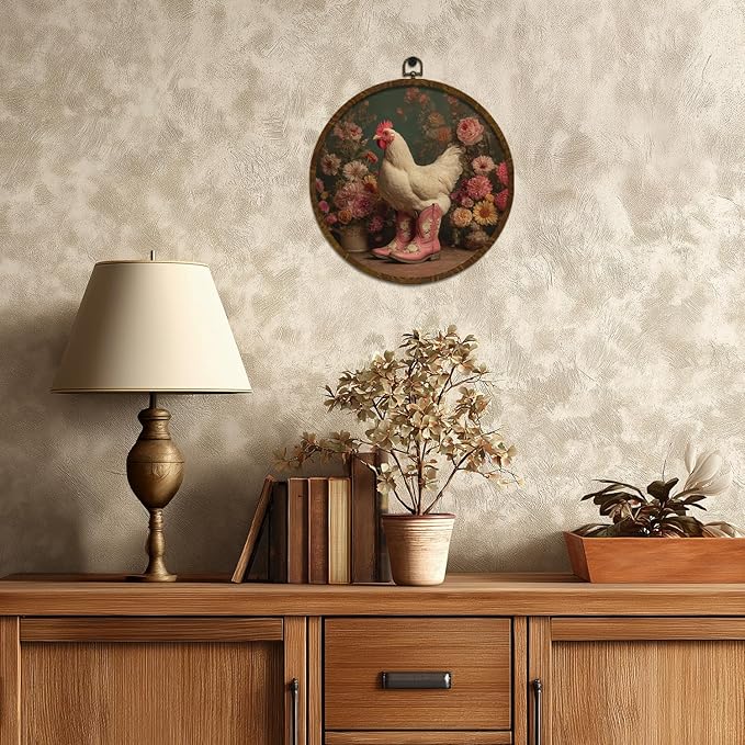 KLYTINK Pastoral Gothic Chicken Round Wall Art – 10"x10" Retro Floral Canvas Hanging Decor with Pink Cowboy Boots, Funny Farmhouse Animal Print for Kitchen, Entryway or Gift (BY0635)