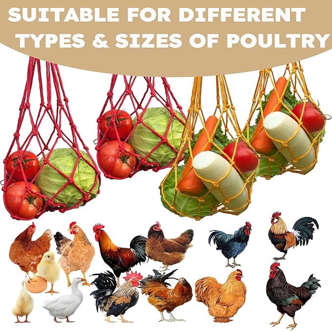 Chicken Vegetable Hanging Feeder 4 PCS, Reusable String Bag with Hook for Chicken Toys, Poultry Fruit Holder for Hens and Ducks, No Mess Lettuce Cabbage Feeder for Enrichment, Coop Accessories
