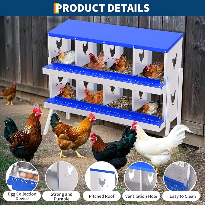Chicken Nesting Box,8 Compartments Galvanized Steel Metal Chicken Laying Box with Roll Out Egg Collection,Wall Mount Chicken Nesting Boxes,Easy Egg Collection, Hen Roosting Boxes