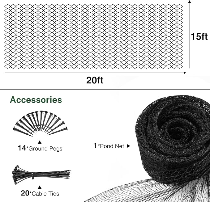 Pond Netting Cover for Leaves, 15 x 20 Koi Pond Net Cover, Durable & Sturdy Pond Netting for Koi Ponds, Protect Koi Fish Against Herons, Raccoons, Cats & Predators, 14pcs Stakes Included