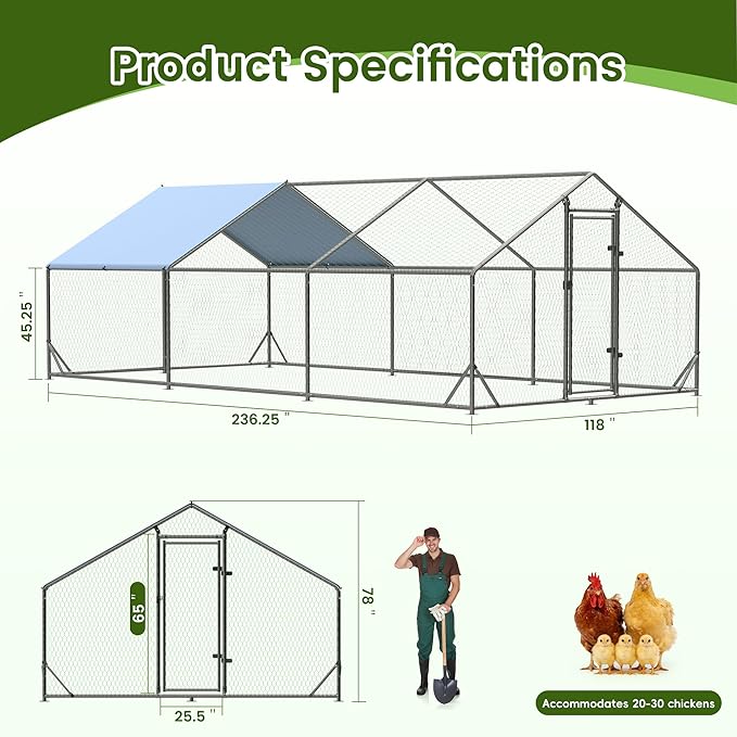 Large Metal Chicken Run Walk-in Poultry Cage Spire-Shaped Chicken Coop with Waterproof and Anti-Ultraviolet Cover for Outside,Backyard and Farm,19.6' L x 9.8' W x 6.4' H