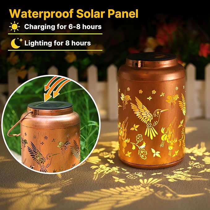 Hummingbird Solar Lanterns Outdoor Waterproof Hanging Solar Lights Metal Decorative LED Lanterns Outside Birthday Gifts for Women Men Mom Decor for Garden,Yard,Patio,Lawn 2Pack