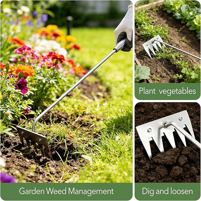 2Pcs Weed Puller Tool, 2026 Portable Manual Weeding Tools Gardening, 5 Teeth Head Stainless Steel Hand Garden Weeding Rake, Weed Remover Tool for Gardening Backyard Yard Farm Planting Weeding
