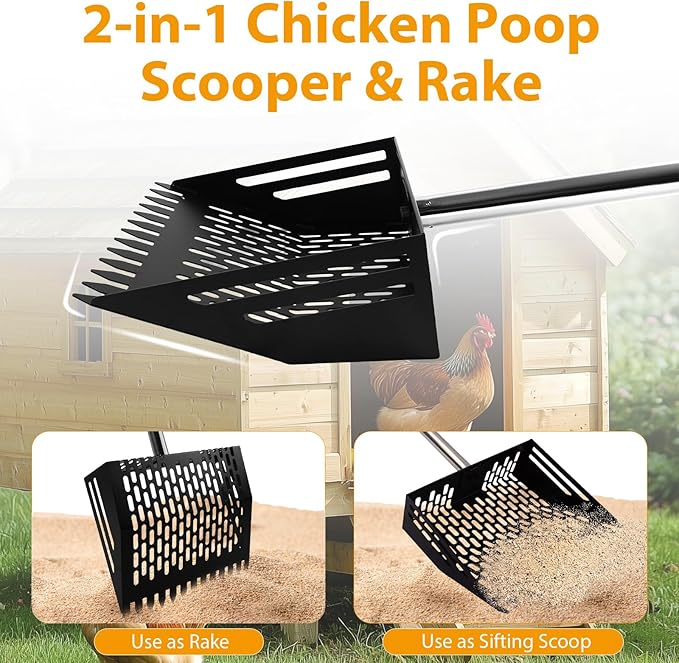 Chicken Poop Scooper & Rake,Metal Coop Scoop for Poop Sand with 35" to 62" Adjustable Stainless Steel Handle,Cleaning Supplies for Chicken Coops & Animals House