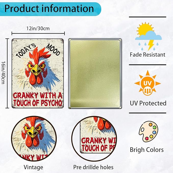 Funny Chicken Today'S Mood Metal Tin Sign 12x16 Inch Novelty Farm Chicken Tin Sign Farmhouse Rooster Poster Home Kitchen Garden Bar Restaurant Coffee Are Wall Decor