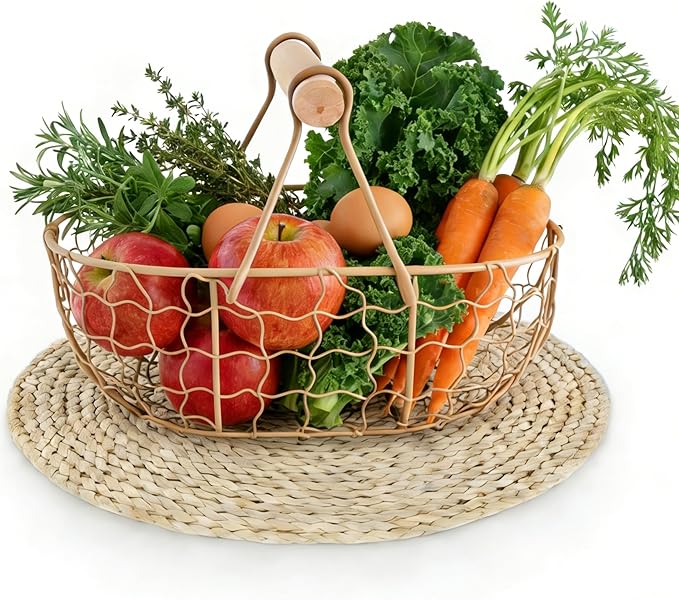 Kitchen Decor Chicken Egg Basket: Egg Basket for Gathering Fresh Eggs, Farmhouse Small Vintage Style Wire Fruit Bread Fresh Egg Holder Countertop, Egg Collecting Basket (Coffee)