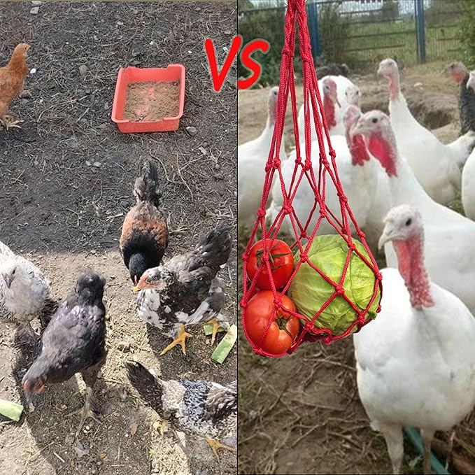 Hanging Poultry Feeder Net 2pcs - Chicken Veggies Bag, Chicken Toy for Coops, Hanging Vegetable Bag, Enrichment Toy for Hens Ducks Coops (Red)