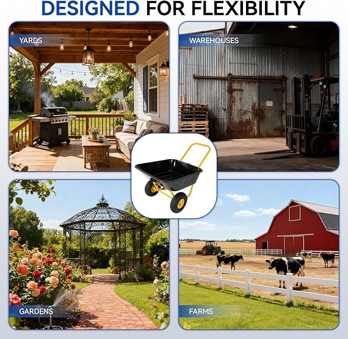 Dual Wheel Garden Wheelbarrow,Heavy Duty Yard Cart with 10“/15" Pneumatic Tires, Rustproof Poly Tray & Steel Handle, 300 lbs Capacity Utility Cart for Lawn, Farm, and Landscaping (Yellow+Black-10“)