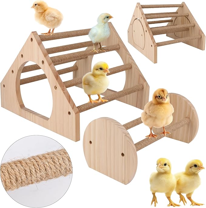 2Pack Wood Chick Perch Stand with Rope, Larbeti Chick Roosting Bar for Brooder with Holes Coop Chicken Jungle Gym Wooden Chicken Training Perch Stand Toy for Poultry, Bird, Parrot, Pigeon