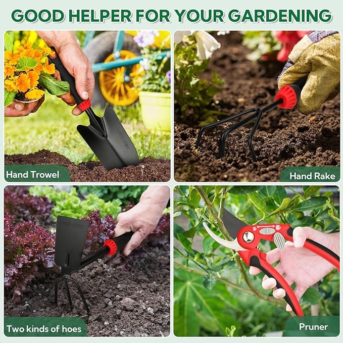 10 Pack Garden Tool Set - Carbon Steel Heavy Duty Gardening Set with Non-Slip Handles & Carry Bag Garden Hand Tools Gift for Women and Men