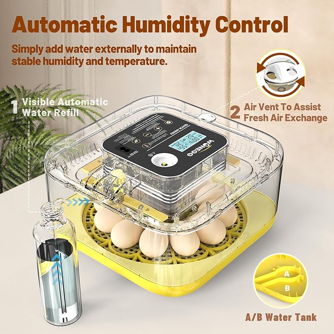 Incubator for Hatching Eggs, 12 Eggs Incubator with Automatic Egg Turning, Temperature & Humidity Control, LED Egg Candler, Incubation Days Display, for Chicken, Duck, Quail, Parrot Bird Eggs