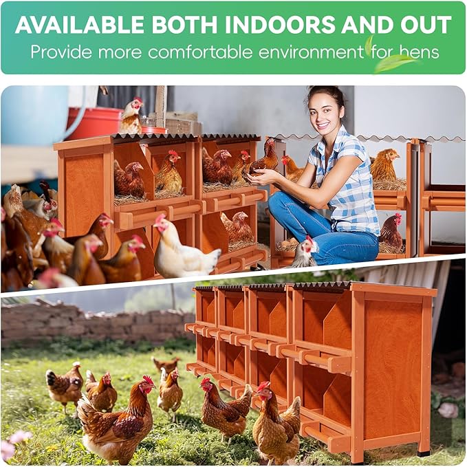 2-Tier Chicken Nesting Box, 8 Compartment Wooden Nesting Box for Chickens with Waterproof Roof, Non-Slip Stable Base, Heavy Duty Chicken Laying Boxes for Hens, Duck, Poultry, Bird, Orange