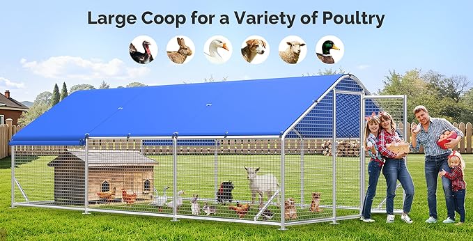 Large Metal Chicken Coop with Galvanized Hardware Cloth, Chicken Coop Run Pen for Yard with Waterproof Cover, Outdoor Large Walk-in Chicken Coops for 30 Chickens Duck Pen House Cage Run