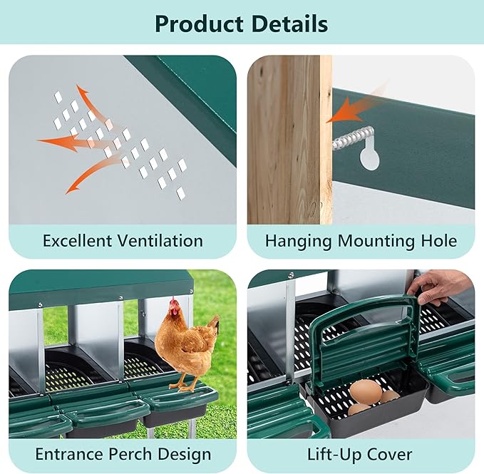 4-Compartment Chicken Nesting Boxes with Legs and Cover, Metal Nesting Boxes with Removable Tray