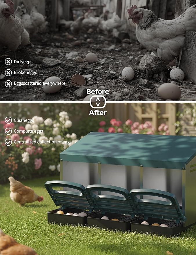 Chicken Nesting Boxes, 3 Hole Metal Rollaway Nest Box for Laying Hens with Cleanable Pull-Out Trays Wall Mount or Placed Design for Easy Egg Collection & Cleaning