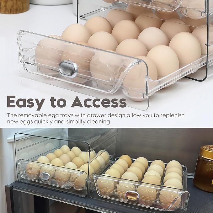 Sea Team Clear Plastic Egg Holder for Fridge, Stackable Refrigerator Egg Container with 2 Removable Trays, Dispenser for Kitchen Storage and Organizer