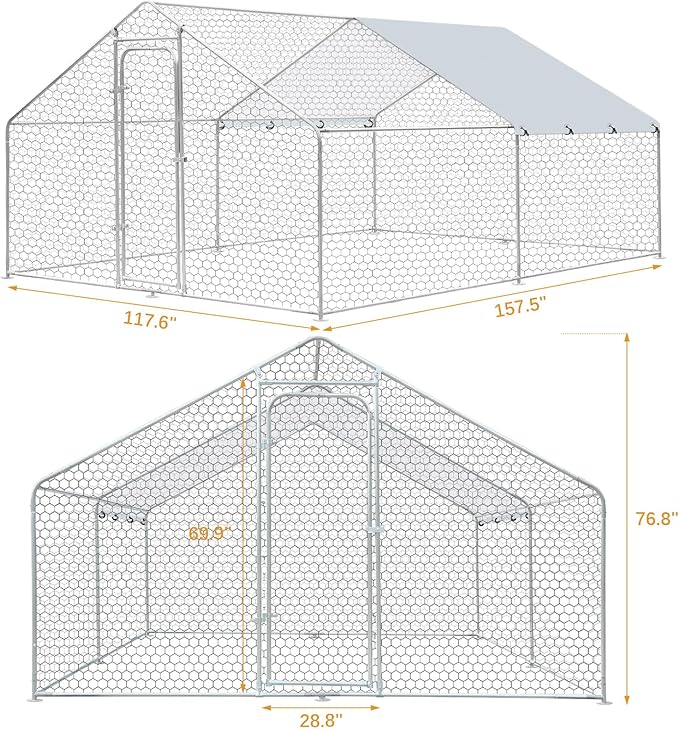 Large Metal Chicken Coop, Walk in Chicken Runs for Yards with Cover, Hen House Enclosure with Security Lock & Waterproof Cover, Outdoor Duck Rabbit Pens Chicken House, 13.1 x 9.8 x 6.5 ft
