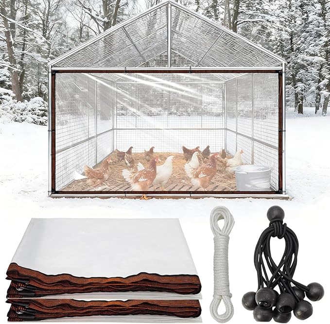 2 Pcs Chicken Coop Cover Antifreeze Waterproof for Winter - with Ball Bungees Cords, Shade Cloth for Large Chicken Coops, Walk-in Chicken Run Pen, Chicken Coop Tarp
