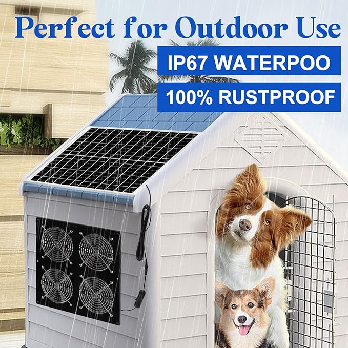 Solar Exhaust Fan for Chicken Coop & Powered Fan with 25W Solar Panel & 4-Pack High-Speed Brushless DC Fans, Solar Shed Ventilation Fan for Greenhouses,Attics, Barns & Dog Houses