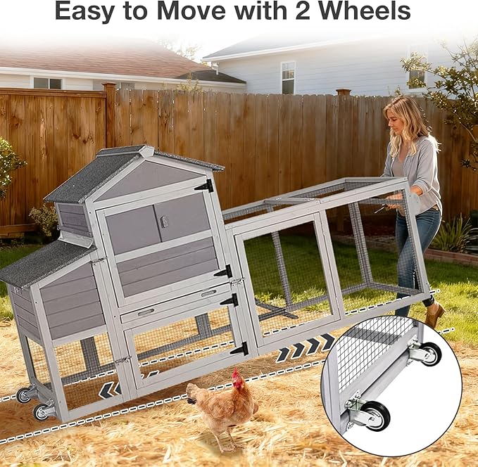 Chicken Coop Wooden with Wheels, Expandable Outdoor Chicken Tractor with Nesting Box & Pull-Out Tray, Easy-Clean Poultry Coop for 2–3 Chickens & Ducks