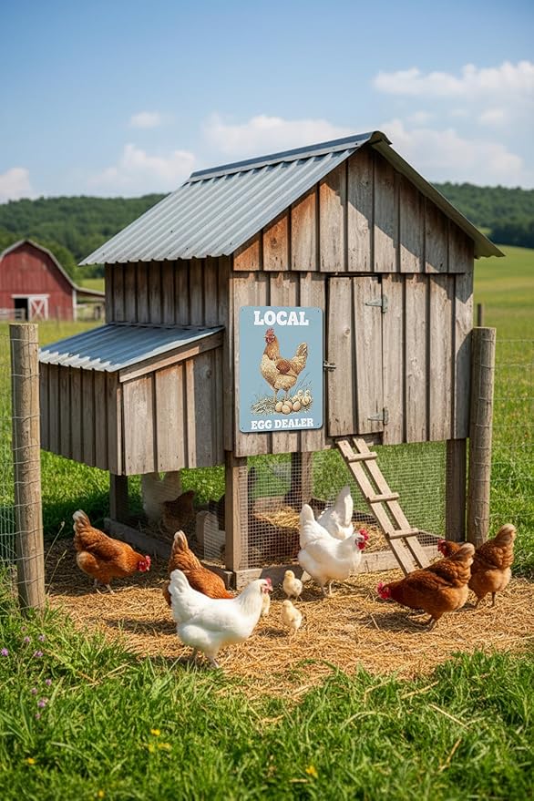 Local Egg Dealer Funny Chicken Coop Sign Farm Fresh Eggs Aluminum Sign Humorous Poultry Farm Decor Gift for Chicken Lovers Rustic Metal Sign 8x12 Inches Style-02
