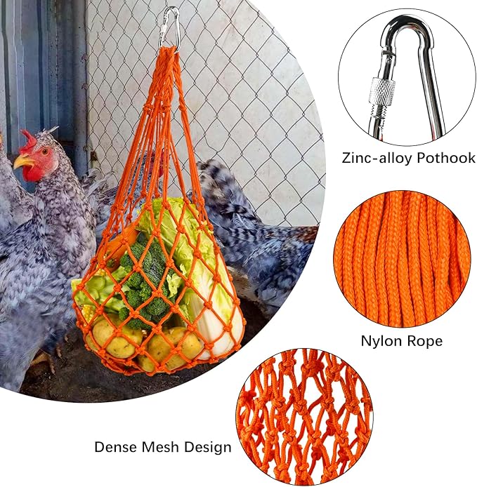 4Pcs Chicken Vegetable String Bag Poultry Fruit Holder Chicken Cabbage Feeder Treat Feeding Tool with Hook for Hens Chicken Coop Toy for Hen Goose Duck