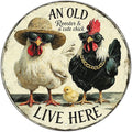 Rooster Wall Decor Round Chicken Signs Chicken Coop Accessories Metal Tin Sign Vintage Style An Old Rooster And A Cute Chick Live Here Iron Poster 8 Inch