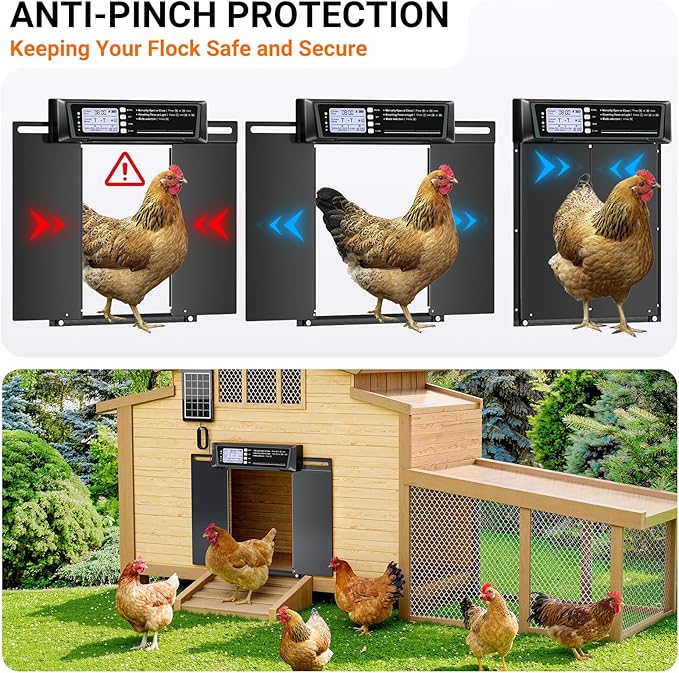 Automatic Chicken Coop Door Solar Powered, Extra Large Horizontal Opening Auto Chicken Door with Timer & Light Sensor, Remote & Manual Control, USB Backup, Anti-pinch, Aluminum Weather-proof Coop Door
