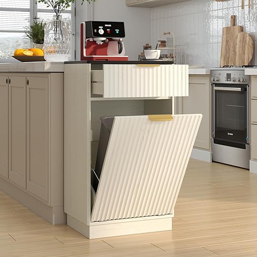19 Inch Single 10 Gallon Wood Grain Tilt-Down Trash Can Cabinet with Storage Drawer,Wood Grooved Recycling Cabinet with Wave Texture Hidden Pull-Out Trash Can for Kitchen,Bathroom (White-03)