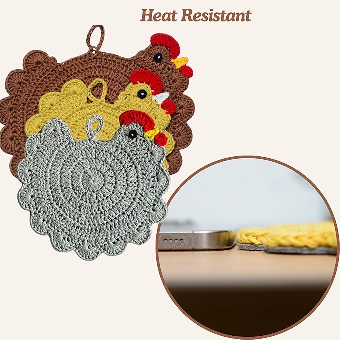Handmade Crochet Chicken Trivets Set of 3, Chicken-Gifts, Valentine Gifts, Pot Holders, Heat Resistant Farmhouse Kitchen Home Decor, Cooking, Baking, Cute Desk Accessories, Tabletop Protection