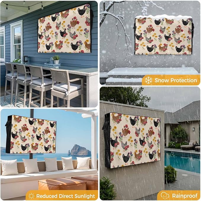 Waterproof Outdoor TV Cover 48 to 50 Inch, Farm Chicken Colorful Poppy Outside Flat Screen Televisions Weatherproof Cover Size 48"L x 30"H, Spring Floral on Beige TV Protector With Zipper