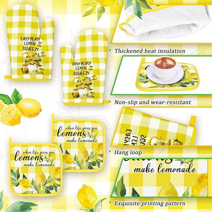 10 Pcs Lemon Kitchen Dish Towels Rugs Oven Mitts and Pot Holders Set Farmhouse Kitchen Decor Set for Women Mom Daughter Gift Cooking Baking Grilling (Fresh Yellow)