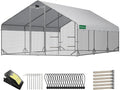 Large Walk-in Metal Chicken Coop with Chicken Run & Hardware Cloth, Solar Light, Waterproof & UV-Resistant Cover, Outdoor Poultry Cage for Farm Use, 3 Room