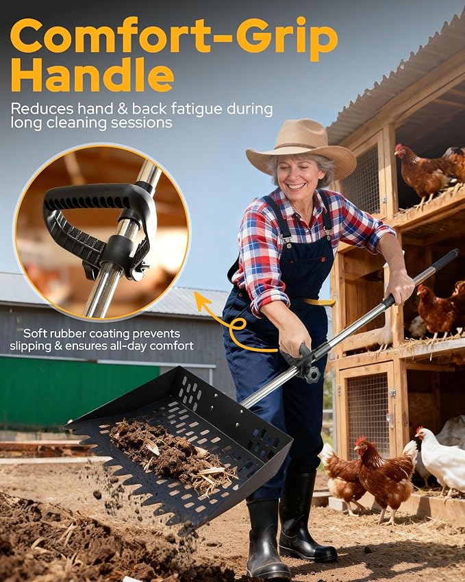 2-in-1 Chicken Poop Scooper & Rake, Ergonomic D-Grip, 31-77" Adjustable Stainless Steel Handle, Sturdy Easy-Clean Shovel for Chicken Coops, Sandy Areas & Most Surfaces