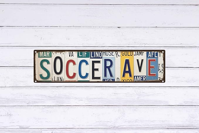 Soccer Ave Metal Sign 4x16in Retro Sports Plaque for Fan Cave Wall Decor Football Gift