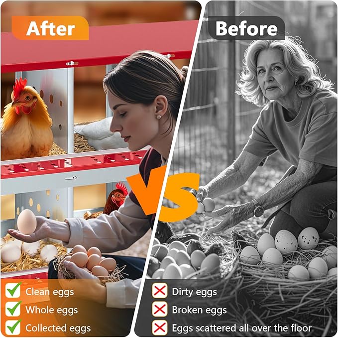 Metal Chicken Nesting Boxes - 8 Hole Wall-Mountable Laying Boxes with Roll-Away Egg Collection, Weatherproof Galvanized Steel, for Chicken Coop, Red