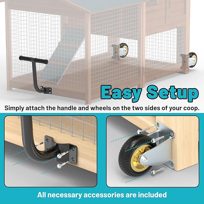 Chicken Coop Wheels Kit, 2 Pack 4" Fixed Caster Wheels & A Pull Handle, Fit for Mobile Chicken Cage, Chicken Tractor & Poultry House, Portable Chicken Coop Accessories, Easy to Use