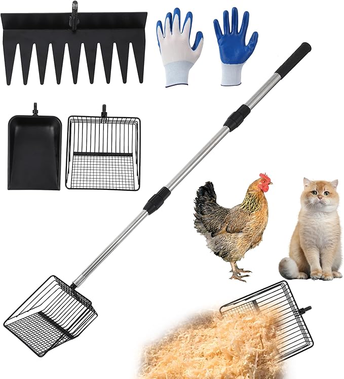 Garvee 3 in 1 Chicken Poop Scooper for Sand, Chicken Coop Scoop Cleaning Tool with Rake & Shovel, Adjustable Stainless Steel Handle, Easy Clean Poultry Litter Cleaning Tool