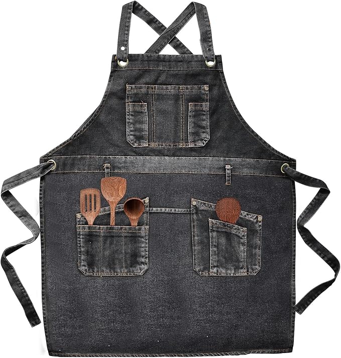 Denim Apron with Multi Pockets for Kitchen, Cooking, BBQ & Gardening