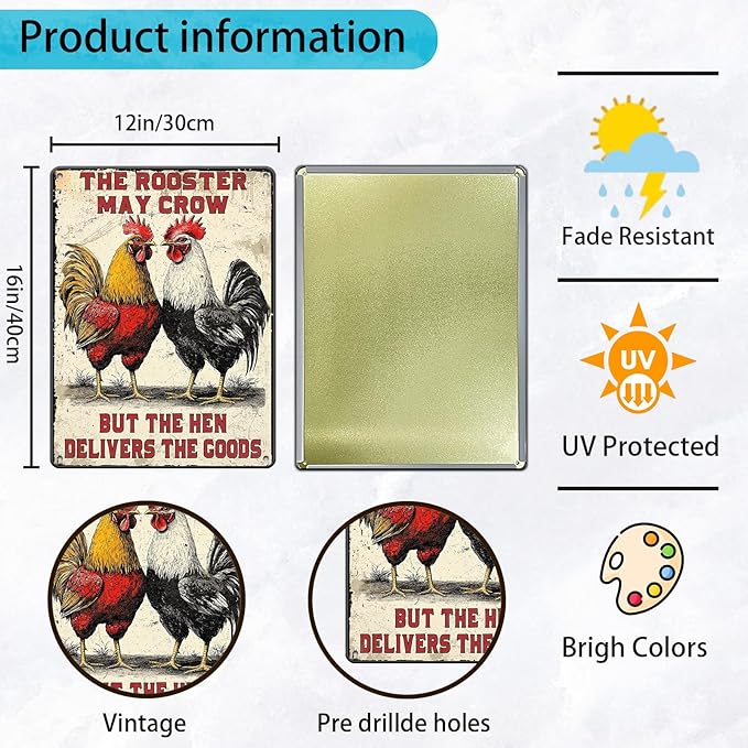 Funny Chicken Signs The Rooster May Crow But The Hen Delivers The Goods Aluminium Sign Metal Chicken Signs Decor Home Ktichen Farm Are Wall 12x16 Inch Vintage Chicken Signs Metal Tin Poster