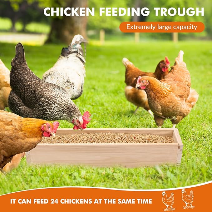 Chicken Feeder, 4 Pack 20” Wooden Large Capacity Eco-Friendly Feed Trough for 24 Chickens Simultaneous Feeding, Healthy Poultry Feeder for Chicken Duck Bird Livestock (Natural Wood)