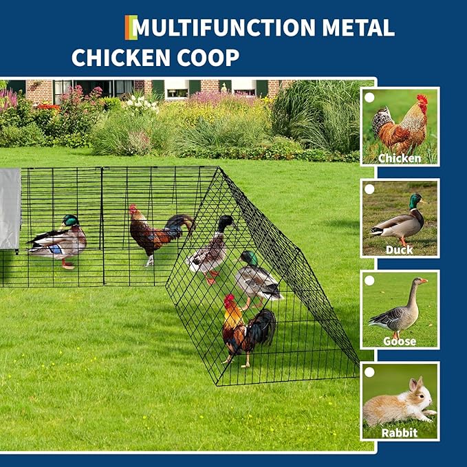 Modular Metal Chicken Tractor – 118" L Portable Chicken Run with Corner Frames, Waterproof Cover & Ground Stakes – Outdoor Duck Cage, Rabbit Run, Chicken Tunnels for Yard & Garden