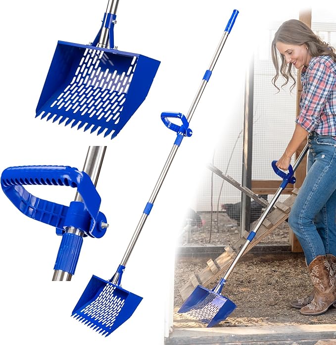 Chicken Poop Scooper with Adjustable Handle – 2-in-1 Chicken Coop Rake & Sand Sifting Shovel – Heavy Duty Metal Litter Scooper for Chicken Coop Cleaning, Sand, Hemp, Coffee Bedding