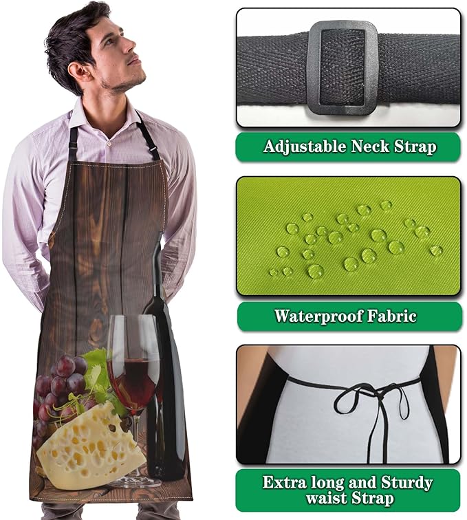 Garden Apron for Men Red Wine with Cheese Vintage Aprons for Women for Kitchen Cooking Restaurant BBQ Painting Crafting Gardening 27” (W) x 31” (H), Waterproof Apron