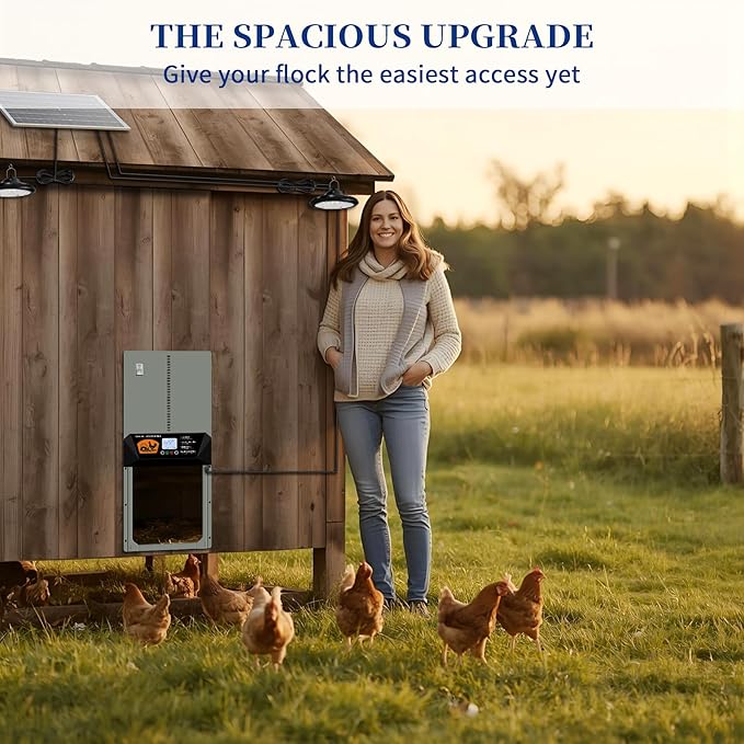 Automatic Chicken Coop Door with Timer & Remote Control, Solar Powered with Dual Lights, 16”x12” Door, Anti-Pinch Alarm, Waterproof Aluminum, 5-Year Warranty for Poultry