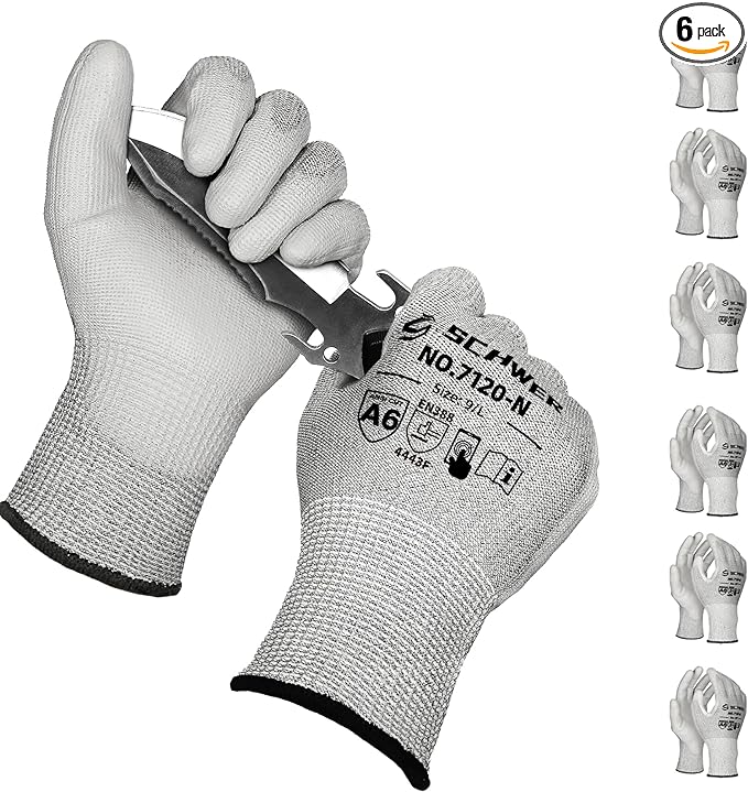Schwer 6 Pairs Cut Resistant Gloves ANSI A6/A7 (Send Randomly) CR7120 Cut Proof Work Gloves, Touchscreen, for Men and Women Used for Woodworking, Glass Cutting, Construction, Car Repair, L