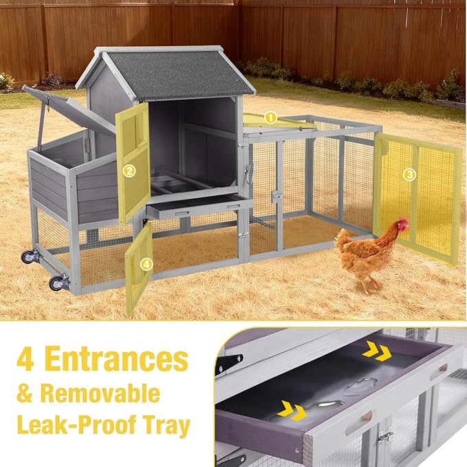 Aivituvin Mobile Chicken Coop with Wheels, Large Wooden Chicken House with Waterproof Asphalt Roof, Nesting Box & Removable Tray, Spacious Chicken Run, Outdoor Poultry Cage for 3–4 Chickens