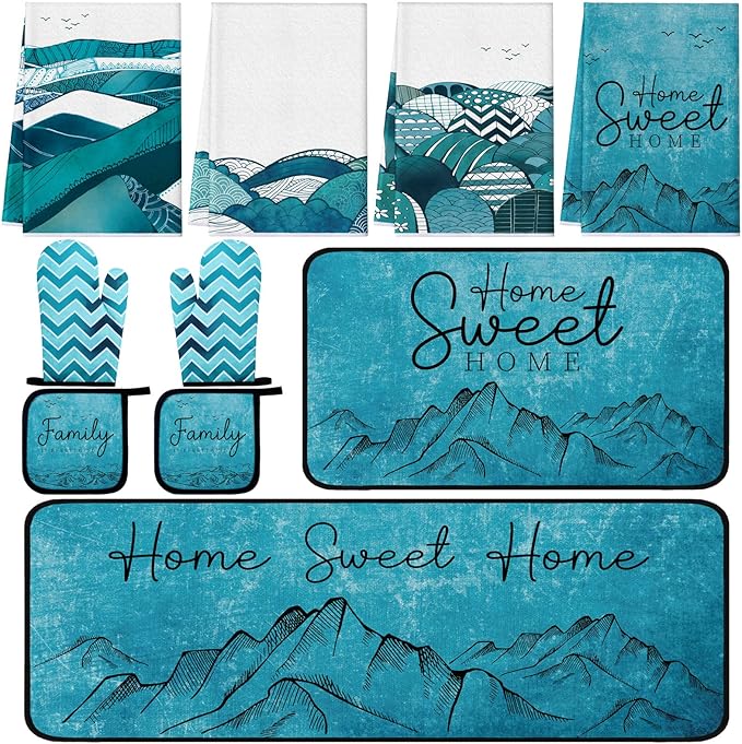 10 Pcs Landscape Kitchen Dish Towels Rugs Oven Mitts and Pot Holders Set Farmhouse Kitchen Decor Set for Women Mom Daughter Gift Cooking Baking Grilling (Ocean Green)